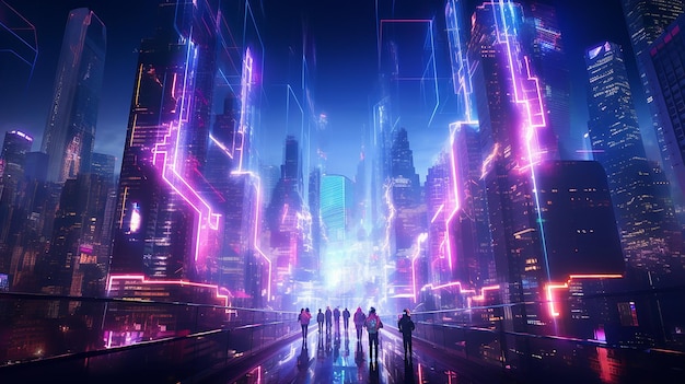 Cyberpunk city with neon stick lines