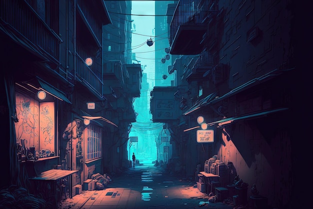 A cyberpunk citys backstreet is blue