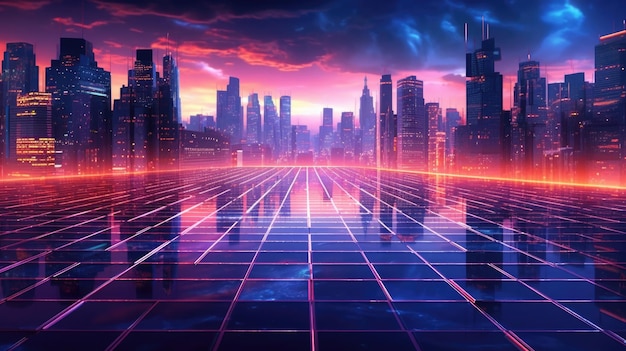 Cyberpunk cityscape abstract background for desktop wallpaper with retrowave design city in geometric shape Picturesque generative AI