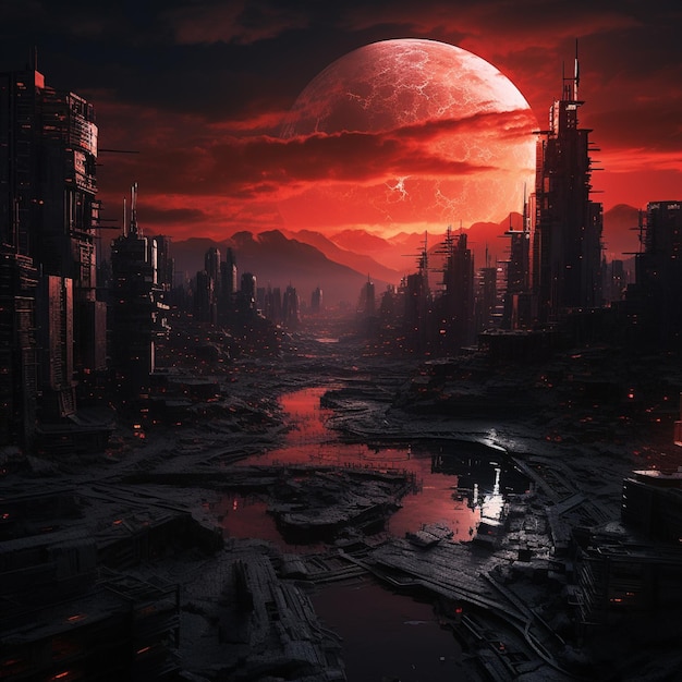 Photo a cyberpunk cityscape under a bloodred moon
