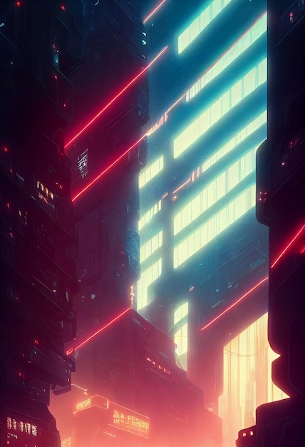 Киберпанк городской пейзаж футуристическая иллюстрация обои Массивные здания с неоновым комиксом в стиле аниме Цифровая абстрактная иллюстрация