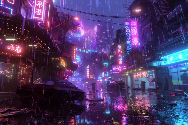 Cyberpunk cityscape at night with rainsoaked stree