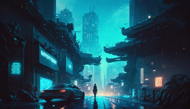 A cyberpunk cityscape with a blue technology lights background Generative AI