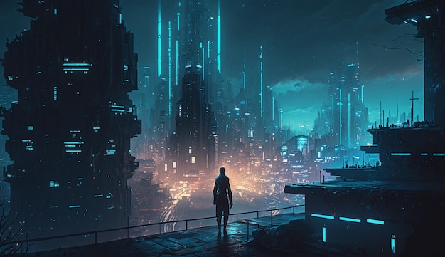 A cyberpunk cityscape with a blue technology lights background Generative AI