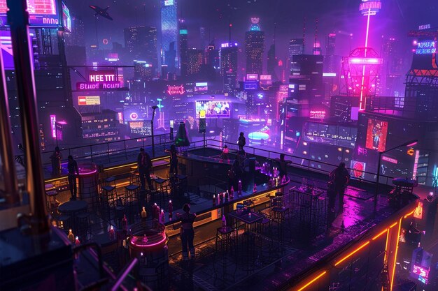 A cyberpunk cityscape with crowded rooftop bars ar generative ai