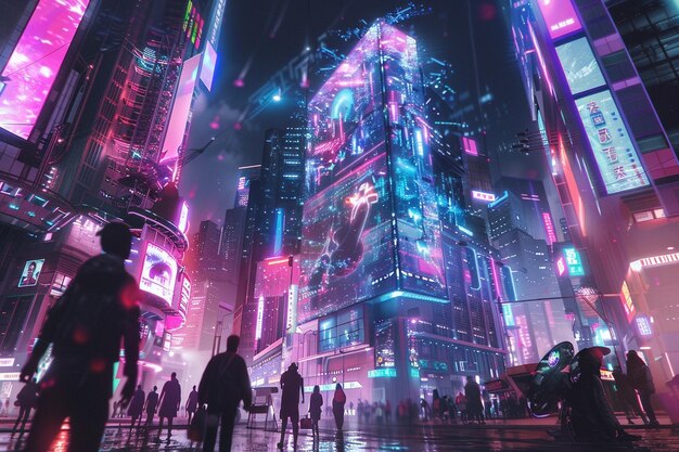 A cyberpunk cityscape with holographic street perf generative ai