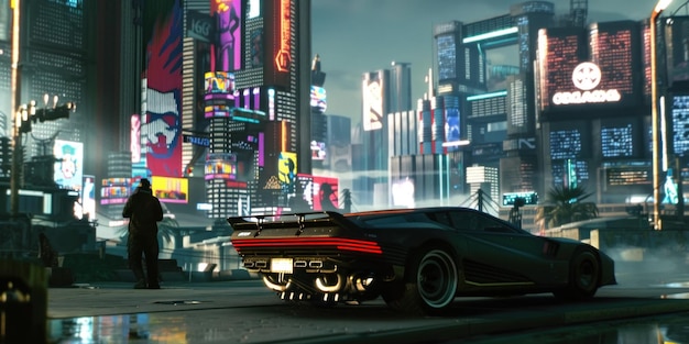スポーツカーと前面のフィギュアを描いたサイバーパンクの都市風景