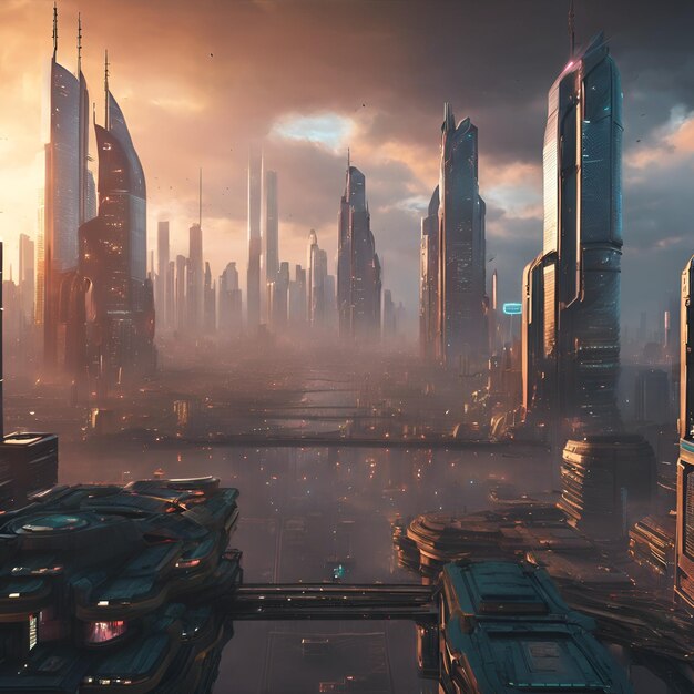 Photo cyberpunk cityscape with towering skyscrapers and flying vehicles