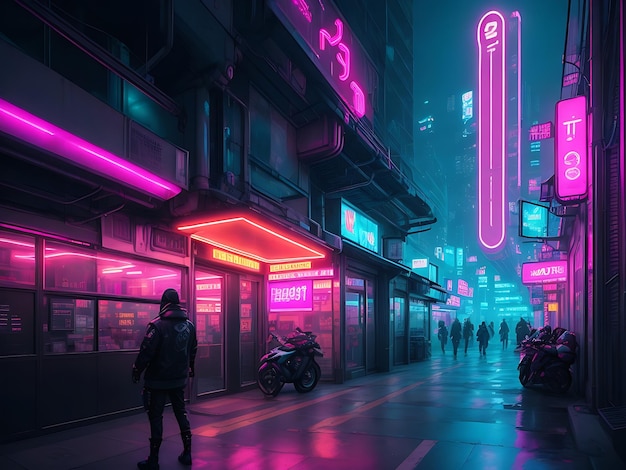 Cyberpunk cityscapes with a cyberpunk aesthetic incorporating neon lights and futuristic elements