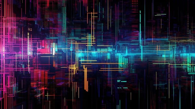 Cyberpunk colorful neon rain on a black background Retro illustration of glowing stripes diagonal and straight gradations scifi art generative AI