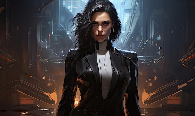 The cyberpunk corporate female boss exudes strength and determination in her portrait designe