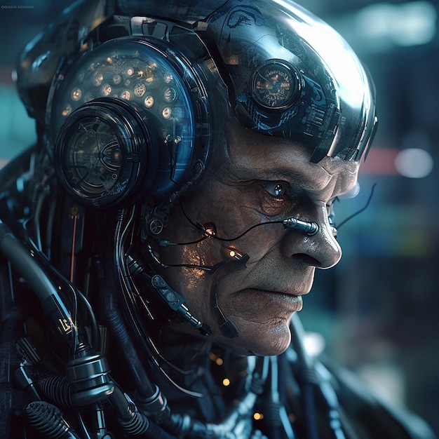 Cyberpunk cyborg en gezicht van scifi oude man voor digitaal gamen met videogamekarakters en metaverse