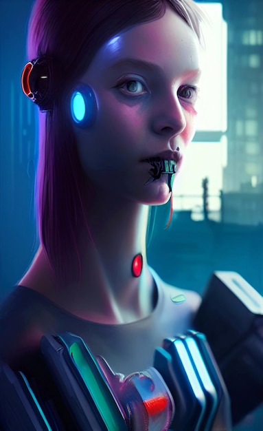 Cyberpunk cyborg women neon art robot concept draw