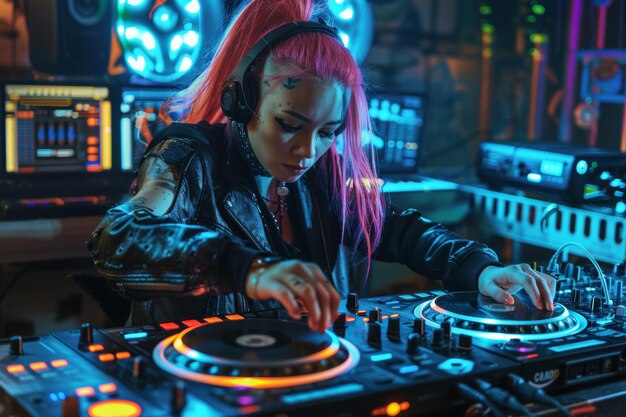 Foto dj cyberpunk che suona musica in un nightclub