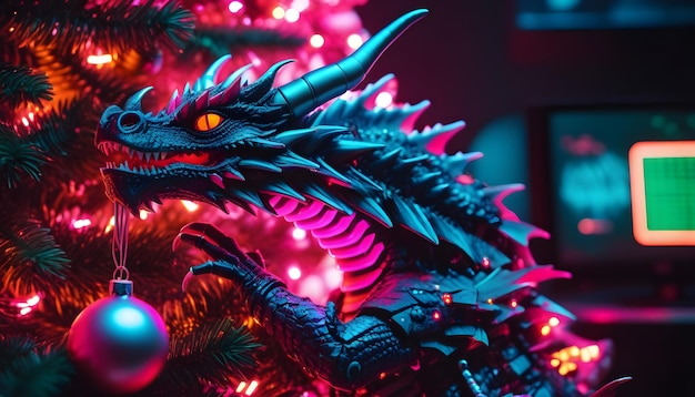 Cyberpunk dragon Christmas tree new year 2024