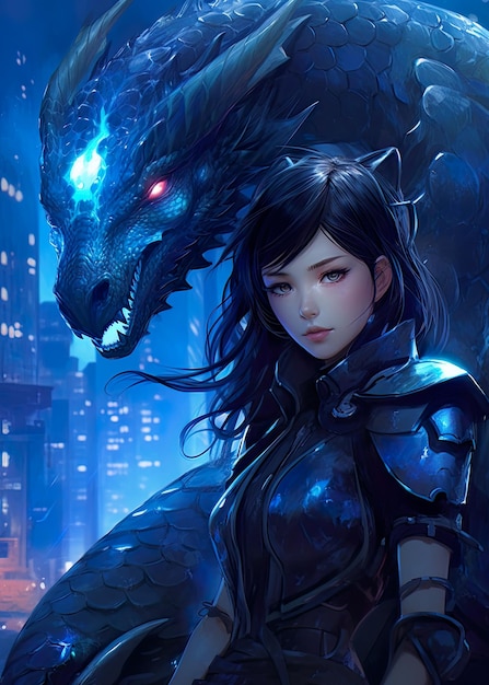 Cyberpunk dragon with a girl