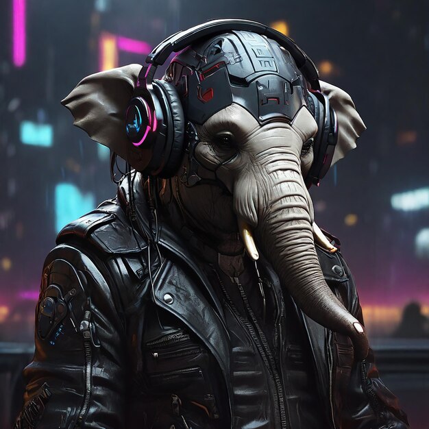 Cyberpunk elephant in leather and headphones by alex petruk ape ai generated