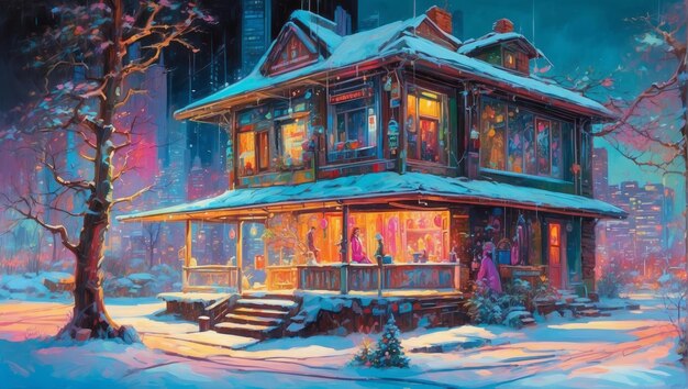 A cyberpunk enchanted winter evening at a festive house 101