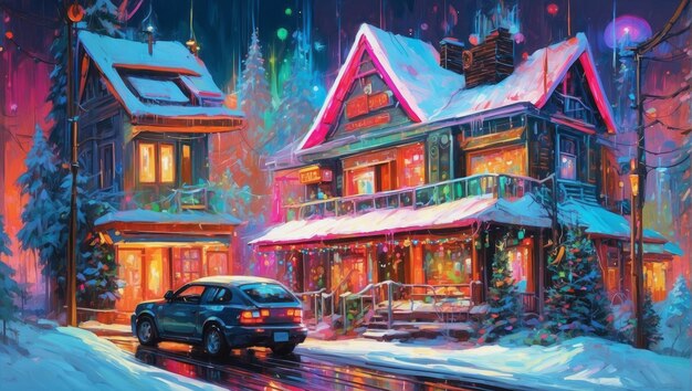 A cyberpunk enchanted winter evening at a festive house 26