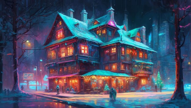 A cyberpunk enchanted winter evening at a festive house 94