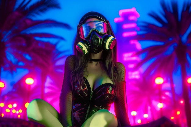 Cyberpunk Fashion Girl in Bikini en Gasmasker op een Neon Rave Party
