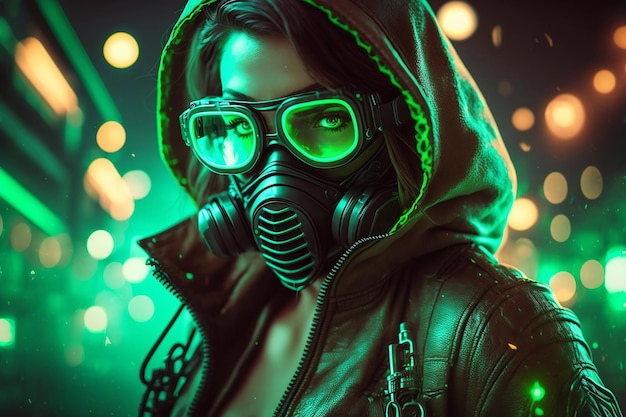 Cyberpunk fashion girl wearing leather hoodie and gas mask with protective glasses 3D render with colorful glowing wires on night light bokeh in the city Generative Ai