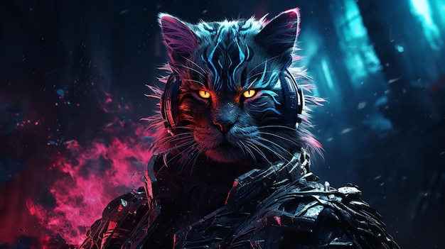 Photo cyberpunk feline with luminous and ferocious eyes in a neon lit metropolis colorful generative ai