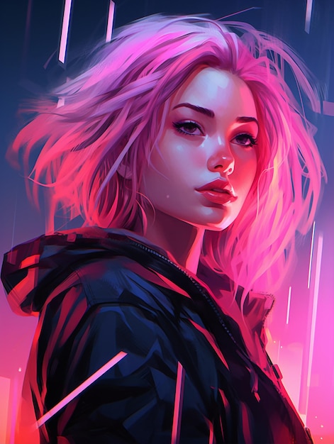 Cyberpunk Female in Pink Neon Streaks