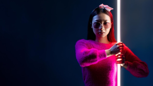 Cyberpunk fighter neon portrait brave asian girl