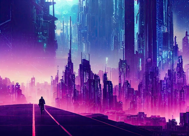 Cyberpunk future city with a skyscrapers in UV and neon Beautiful night sky in the background