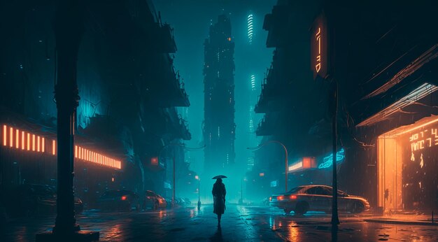 Cyberpunk futuristic city Dark rainy day with skyscrapers Dystopian future with neon signs and light Advanced technological metropolis Digital illustration sci fi cityscape Generative AI