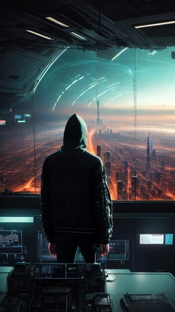 Cyberpunk futuristic city hacker coder