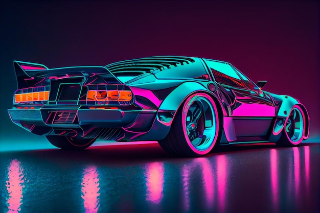 Cyberpunk Futuristic retro wave synth wave car Retro sports car with neon backlight contours Generative ai