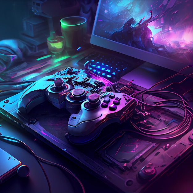 Фото Иллюстрация джойстика геймпада игрового контроллера киберпанка