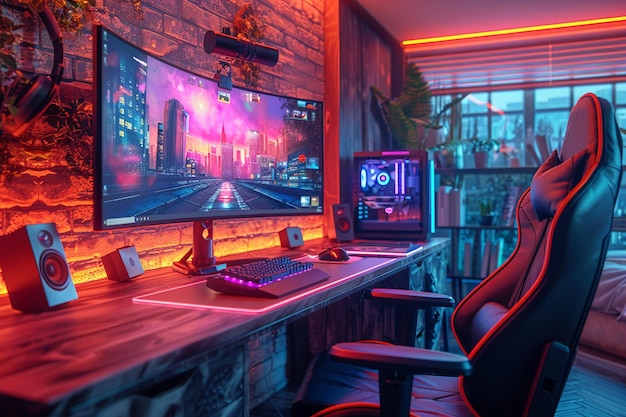 Cyberpunk gaming den with neon lights and hightech setupsd render