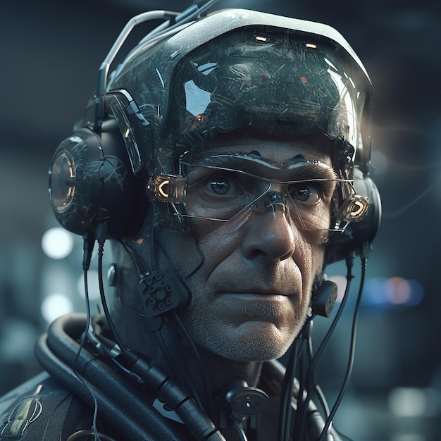 Cyberpunk gaming and face of scifi old man for fantasy character digital video game and metaverse