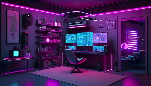 Cyberpunk gaming room with neon light Creative illustration Ai Generate