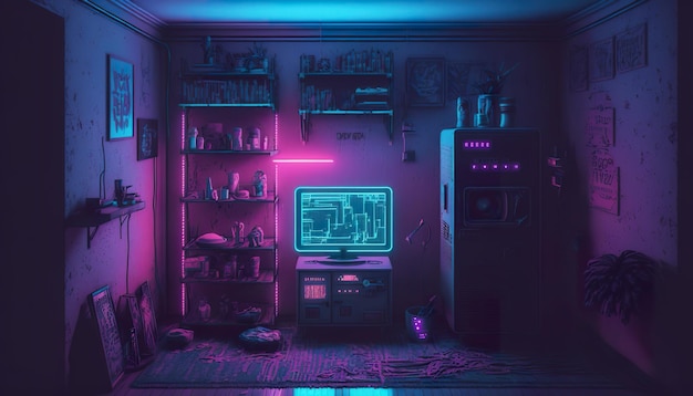 Cyberpunk gaming room with neon light Creative illustration Ai Generate