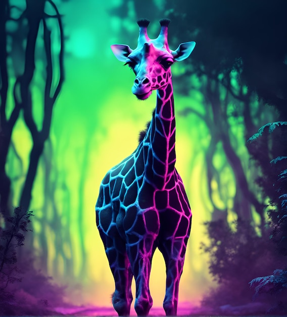 Foto giraffa cyberpunk nell'illustrazione fotorealistica futuristica di illuminazione al neon