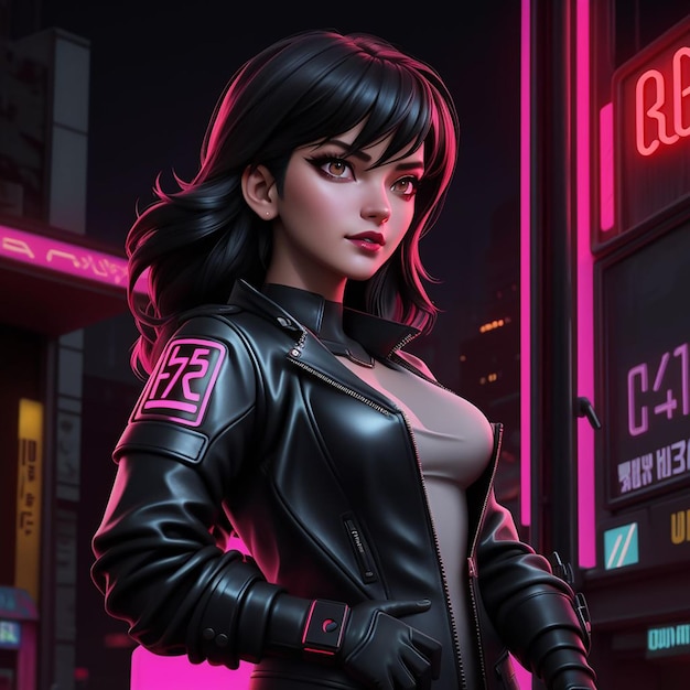 cyberpunk girl character wearing leather jacket with neon sign background