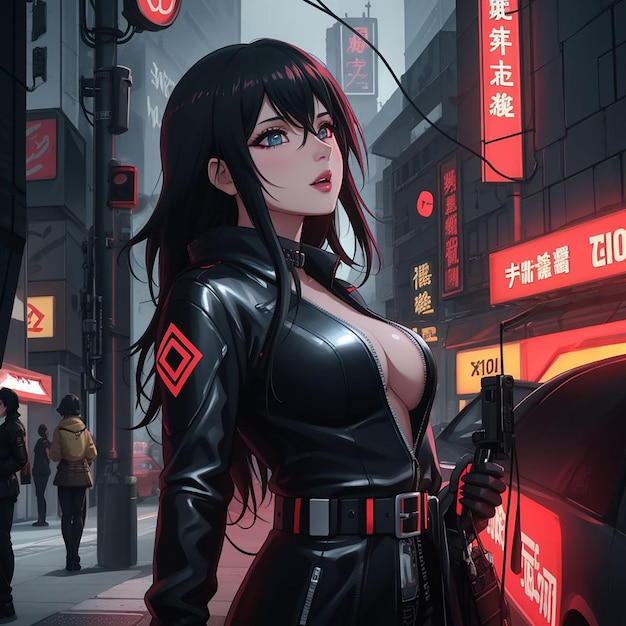 looking at viewer, anime, anime girls, leather tights, cyberpunk, portrait  display, AI art