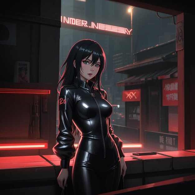 cyberpunk girl character wearing leather jacket with neon sign background