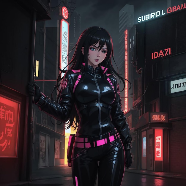 looking at viewer, anime, anime girls, leather tights, cyberpunk, portrait  display, AI art