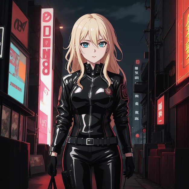 cyberpunk girl character wearing leather jacket with neon sign background