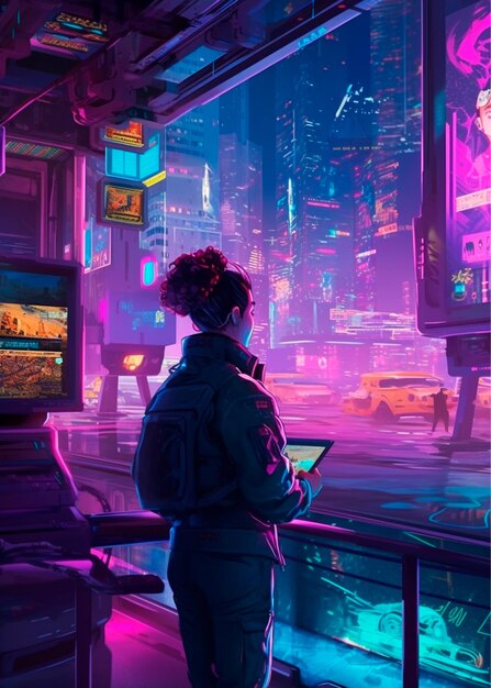 Photo cyberpunk girl city background in dark pink and yellow neon lights