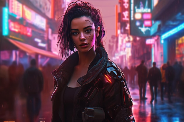 Cyberpunk girl in the city by matte painting