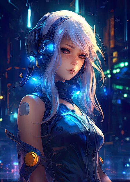 Premium AI Image  Cyberpunk anime girl with headphones blue eyes