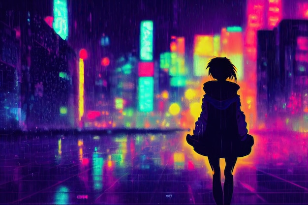 anime cyberpunk girl wearing futuristic outfit in a neon city at