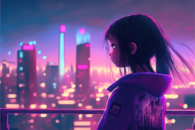 Cyberpunk girl Female cyberpunk character looking at the night city Young girl standing and looking at the cyberpunk city Digital art style illustration painting