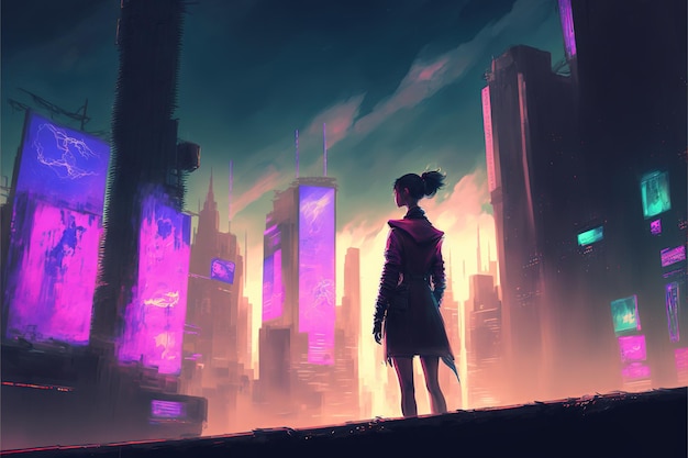 Cyberpunk girl Female cyberpunk character looking at the night city Young girl standing and looking at the cyberpunk city Digital art style illustration painting